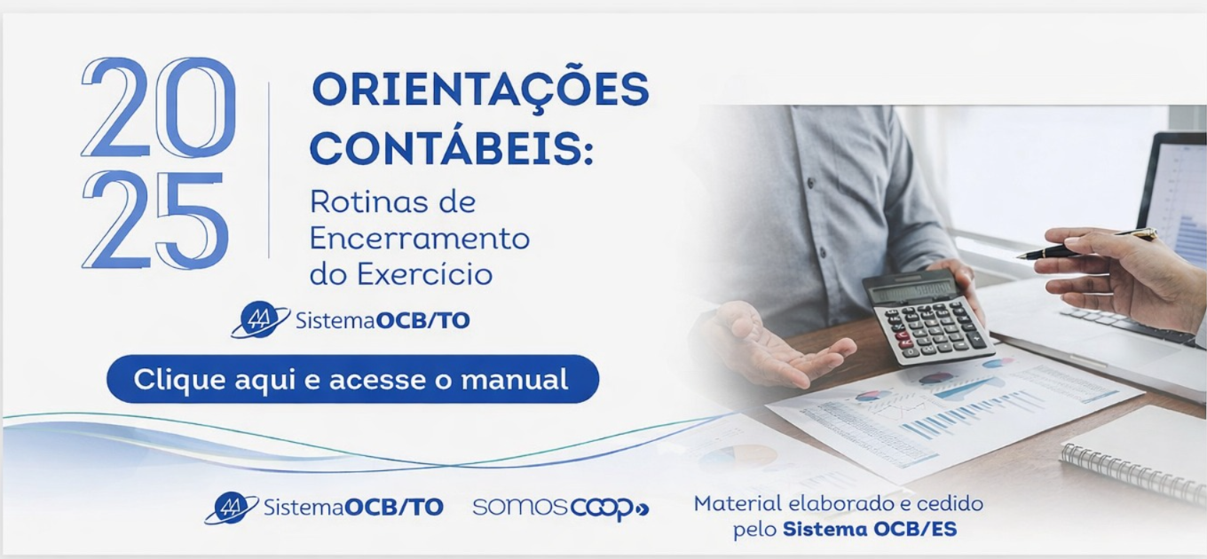 Banner institucional sobre Orientações Contábeis 2025, com destaque para rotinas de encerramento do exercício, marca do Sistema OCB/TO e botão de acesso ao manual.