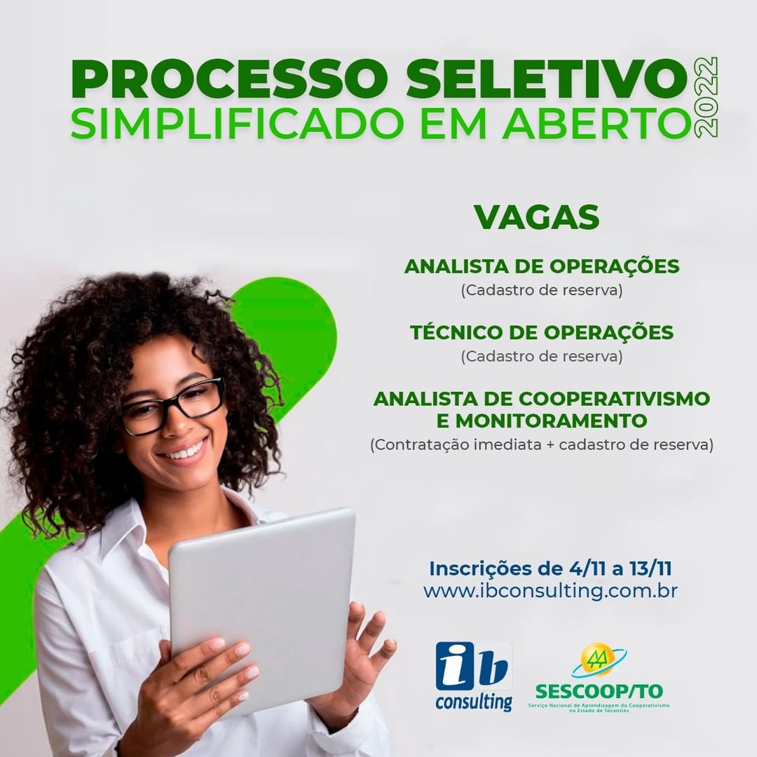 Inscrições para processo seletivo do SESCOOP/TO encerram neste domingo, 13
